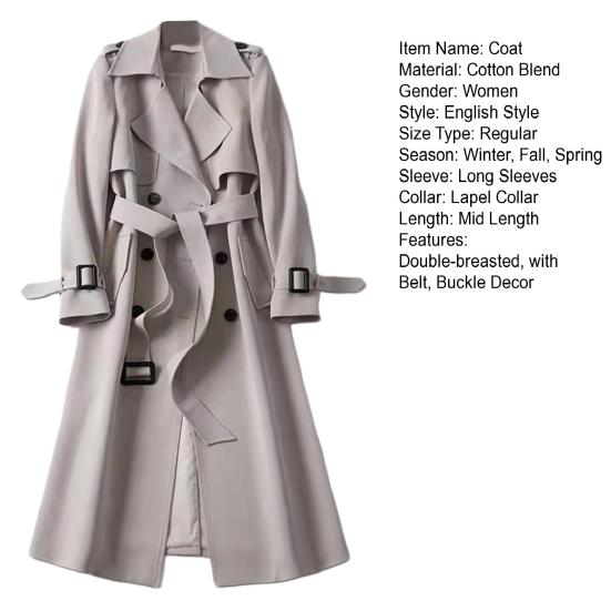 Осень-зима Женский Тренчкот Отложной Воротник Однотонный Двубортный с Поясом Средней Длины Свободный Термобелье С Длинными Рукавами Для Езды На Работу И Свидания