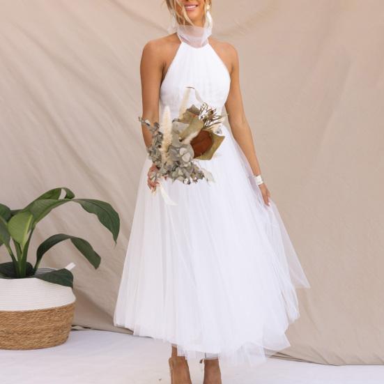 Lady Evening Dress Lace-up High Collar Halter Neck Backless Off Shoulder Sleeveless Multi-layer Mesh Hem Solid Color A-line