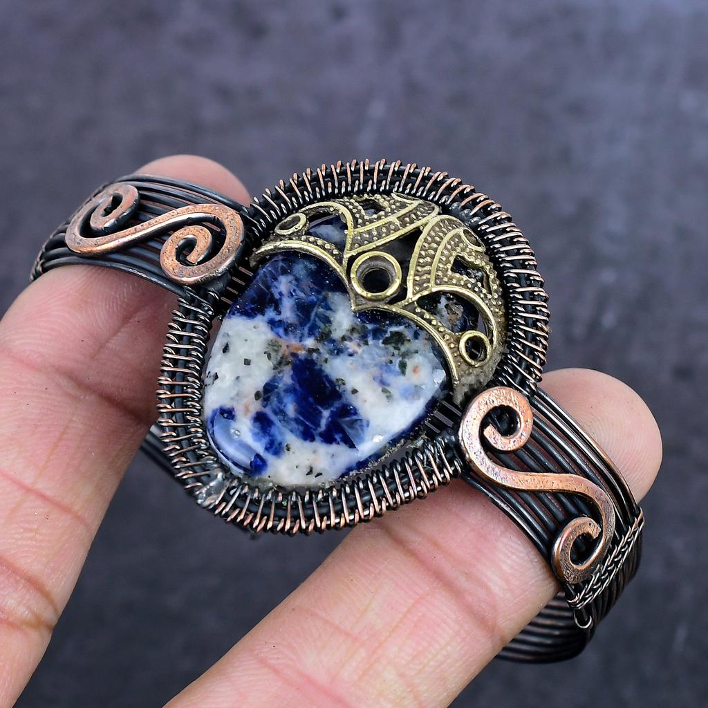 Sodalite Gemstone Handmade Copper Wire Wrap Cuff Bangle Adjustable ET-4976