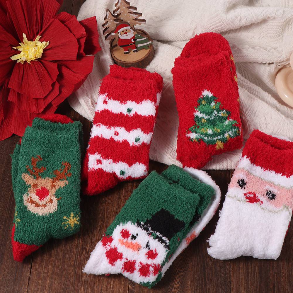 5Pairs Plush Christmas Fleece Socks Cartoon Winter Floor Socks Soft Sleeping Socks Women  Women