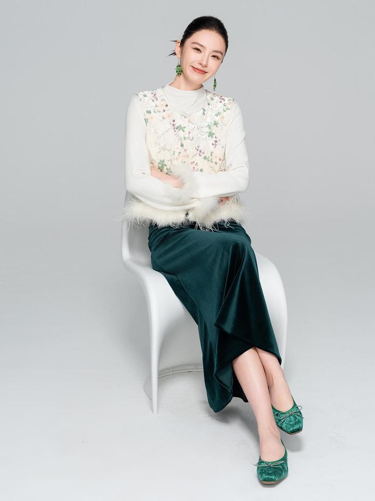 2025 Осень Женская Юбка Миди из Бархата с Завышенной Талией и Хвостом Русалки - Приталенный Дизайн в Национальном Стиле А-силуэта