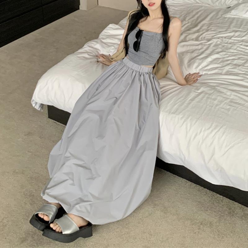 Balloon Maxi Skirt Women Korean Fashion Streetwear Black Elastic Waist A-line Vintage Loose Long Skirt Female Casual
