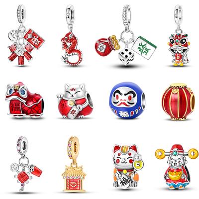 Серебро 925 пробы Цвет Бог Богатства Счастливая Кошка Фонарь Львиный Танец Шармы Бусины Подходят для Браслета Qikaola DIY Новогодние Украшения