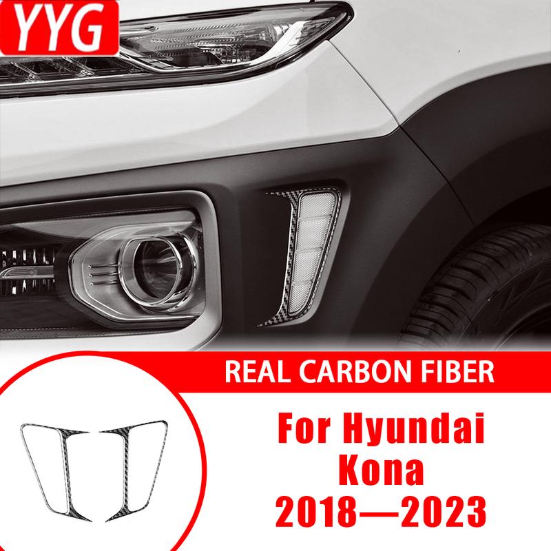 For Hyundai Kona 2018— Car Accessories Carbon Fiber Exterior Front Lamp Sides Frame Decals Cover Trim Sticker Modification
