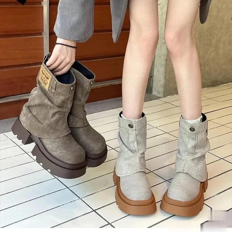 Средний каблук, новинка, женские полусапоги с круглым носком, демисезонная удобная и элегантная качественная обувь, женская обувь до середины голени