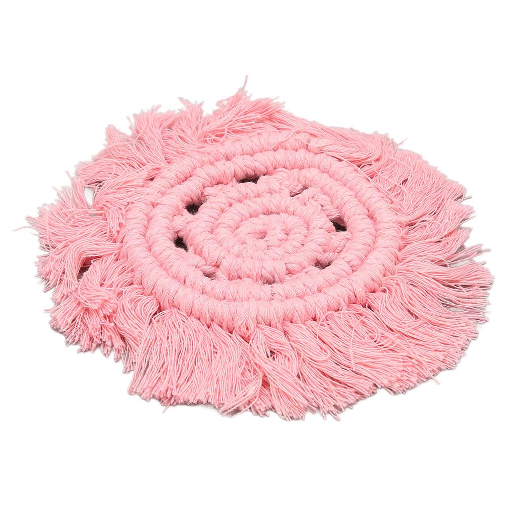 4pcs Cotton Thread Woven Drink Coasters with Tassel Round Pure Color Elegant   Lipstick Pot Pads Mats