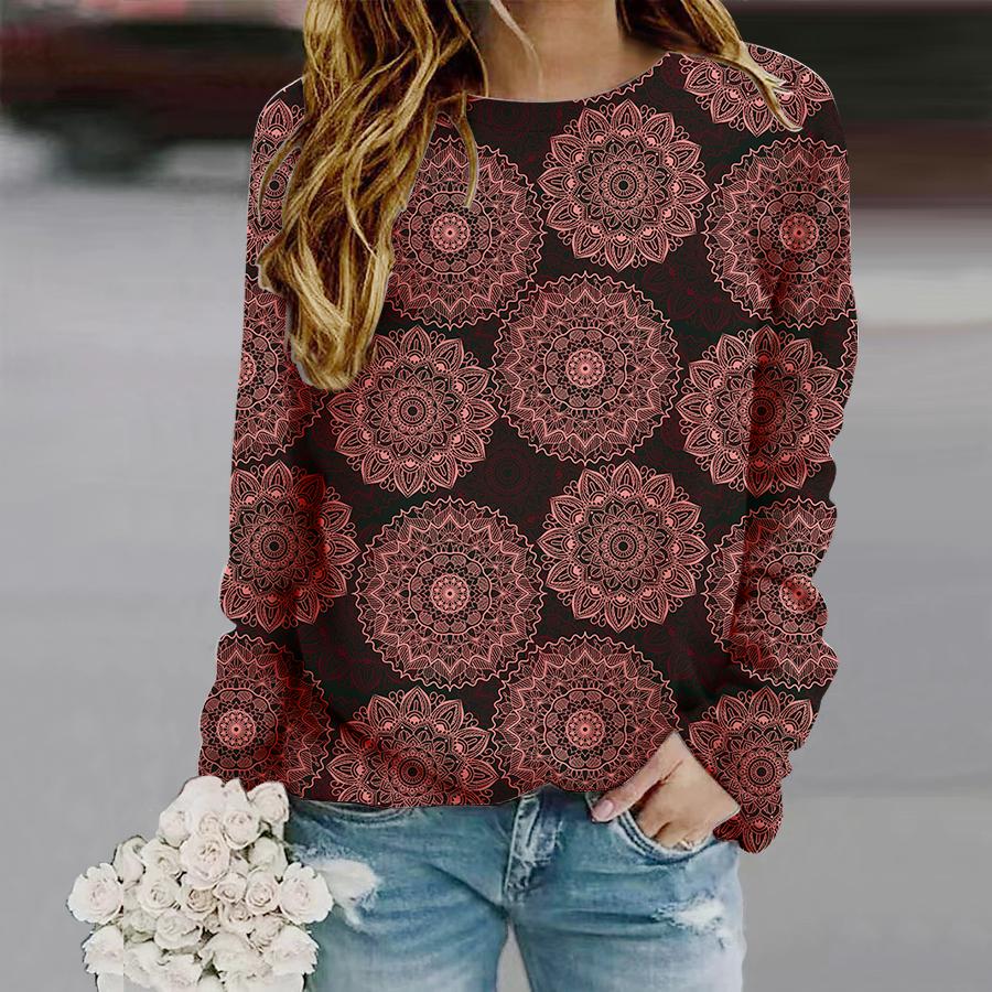 Топы для женщин с принтом «тотемы» с круглым вырезом и длинным рукавом, осенняя повседневная тонкая кофточка, женский топ с длинным рукавом