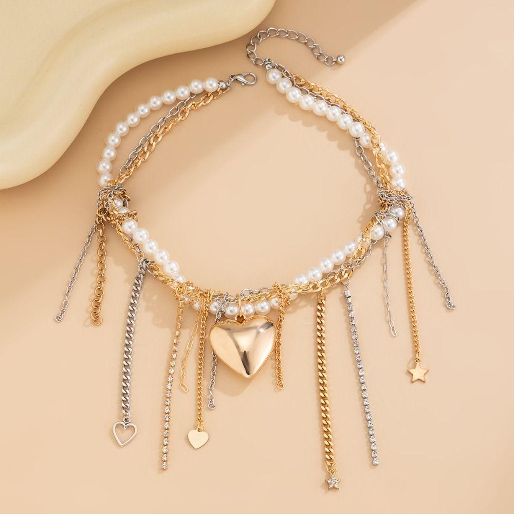 Metal Chain Love Heart Pendant Choker Trendy Goth Style Necklace Multilayer Tassel Necklace  Lady