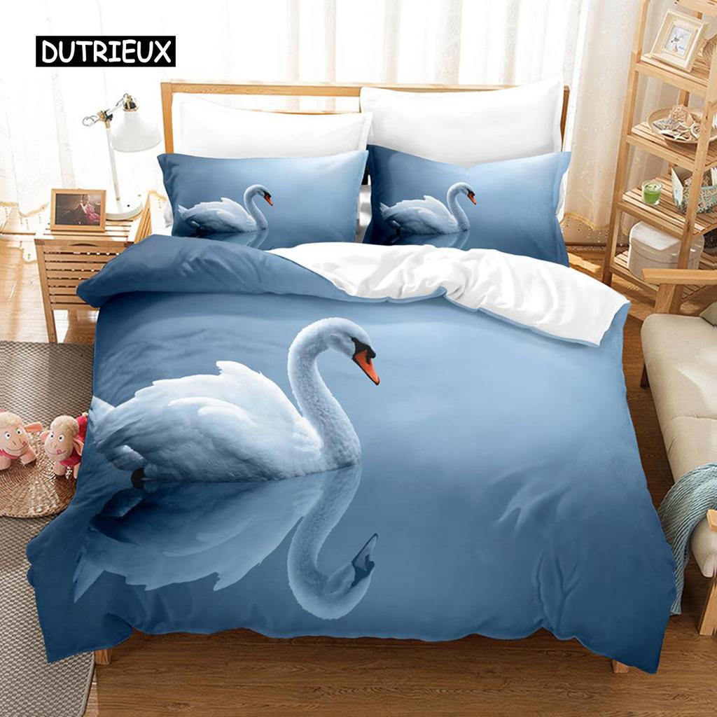 Пододеяльник с изображением лебедя, комплект постельного белья для близнецов, комплект постельного белья из микрофибры, размер Queen King, птицы, романтический стиль, пододеяльник с изображением диких животных для девочки и мальчика
