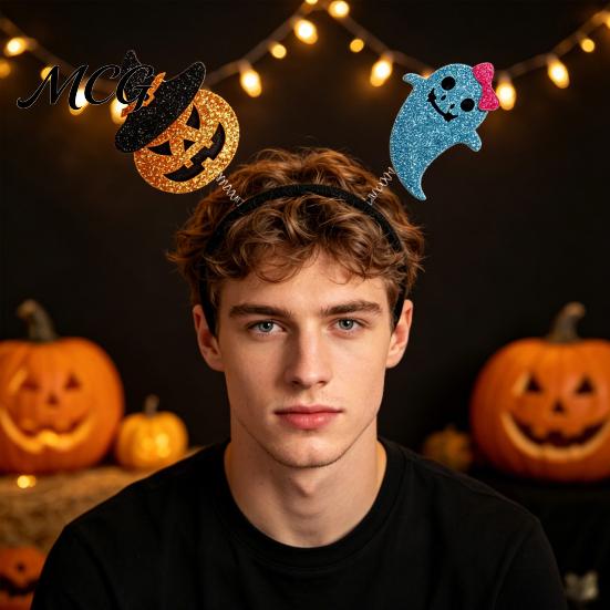 Festive Halloween Decoration Headband for Kids Adults, Glitter Pumpkin Bat Ghost Adjustable Hairband Skull Hair Accessories Cosplay Dress Up