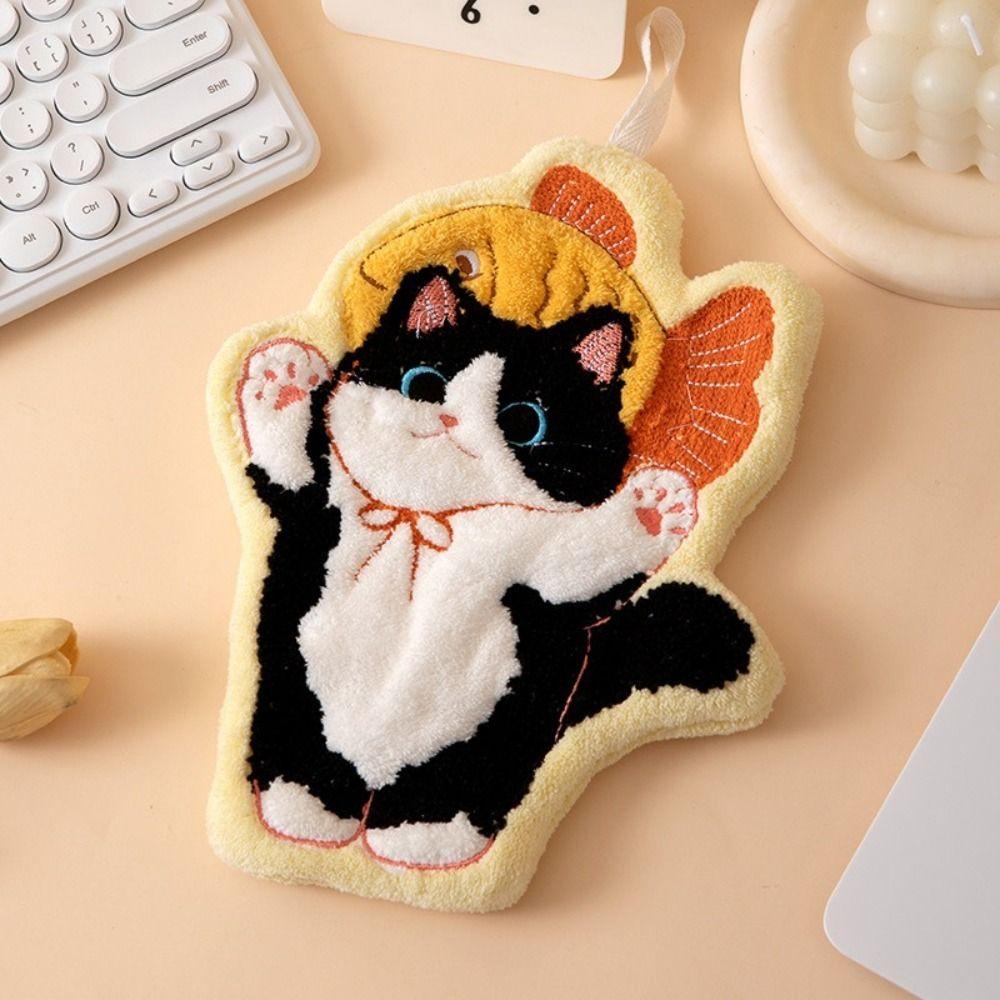 Durable Cute Cat Hand Towel Coral Fleece Strong Water Absorption Bathroom Kerchief Soft Hanging Style Washcloth Kitchen