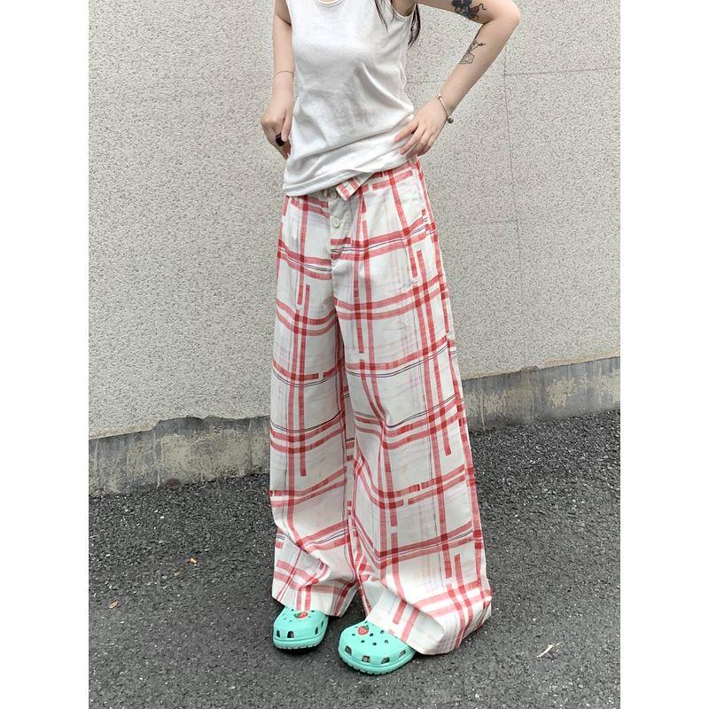 Kumikumi Retro Design Plaid Two-Button Casual Pants Women's Autumn Easiest for Match High Waist Loose Loose Pants