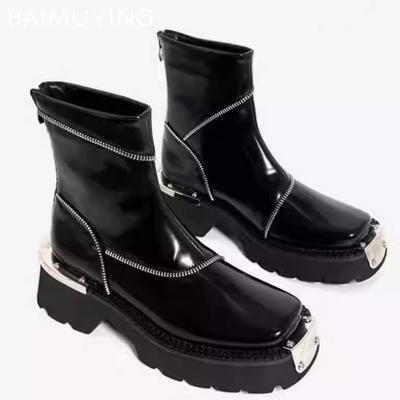 Кожаные женские туфли на платформе до щиколотки на среднем каблуке, дизайнерские туфли, массивные зимние мотоциклетные ботинки 2024 года, новый тренд в готическом стиле, женские ботинки