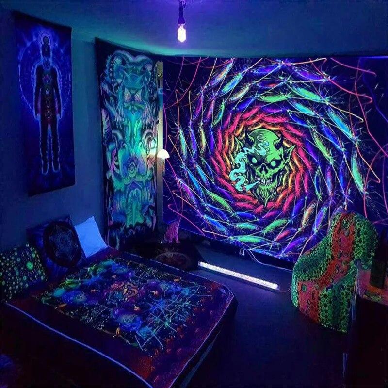 Black Light Tapestry UV Reactive Psychedelic Mysterious Mushroom Wall Hanging Bedroom Dorm Separate Room Decoration