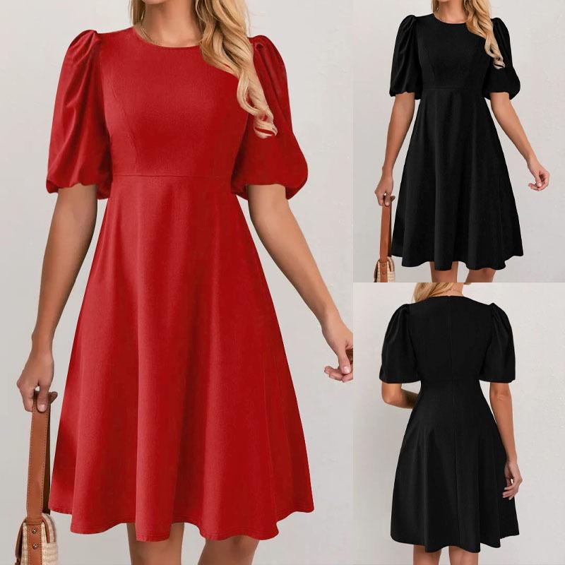 Women's Dress Elegant Solid Color Casual Round Neck Puffy Sleeve Dress