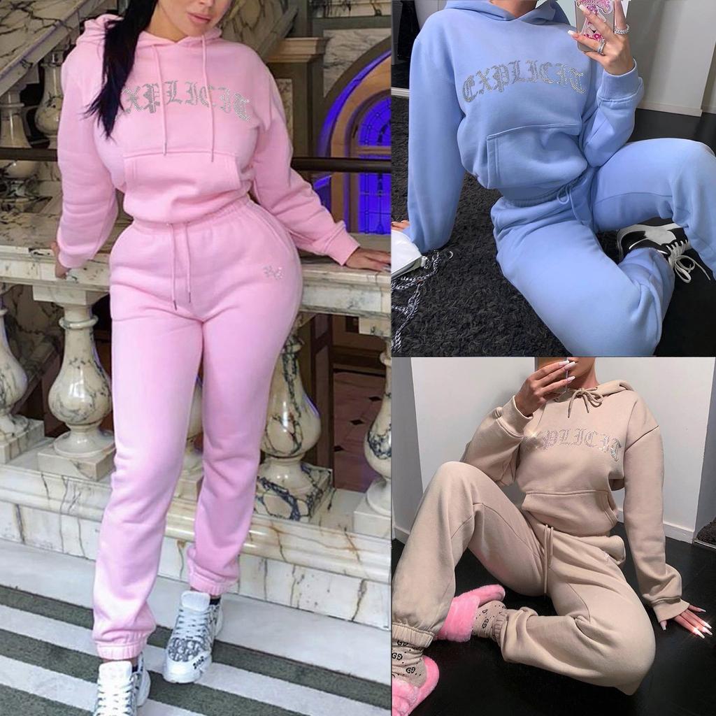 Women's Casual Fleece Long Sleeve Plus Size Printed Hoodie Trousers Sports Suit