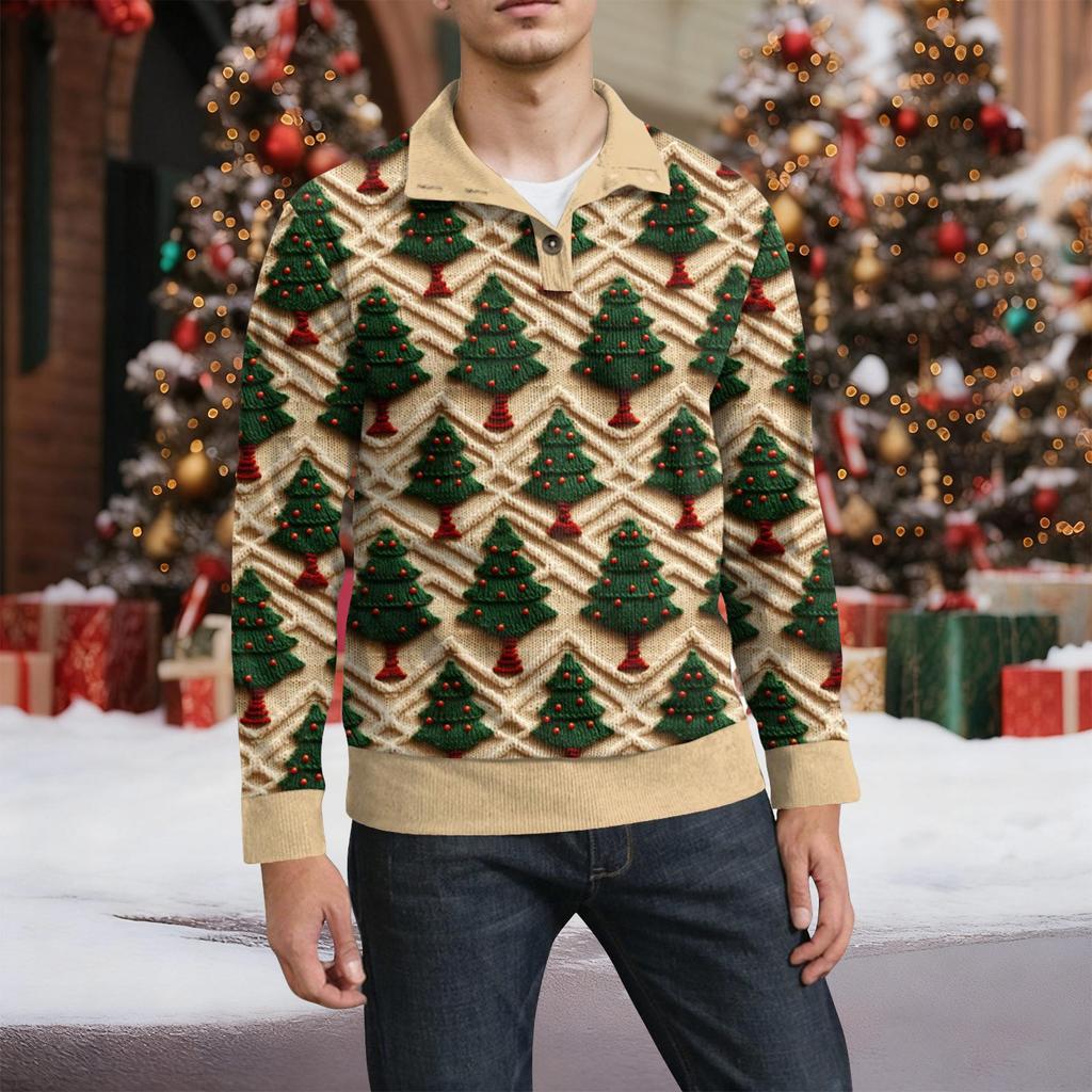 Мужская рождественская хлопковая рубашка-пуловер с длинным рукавом для активного отдыха, винтажная вельветовая рубашка с воротником-стойкой и пуговицами, повседневная толстовка с рождественским принтом