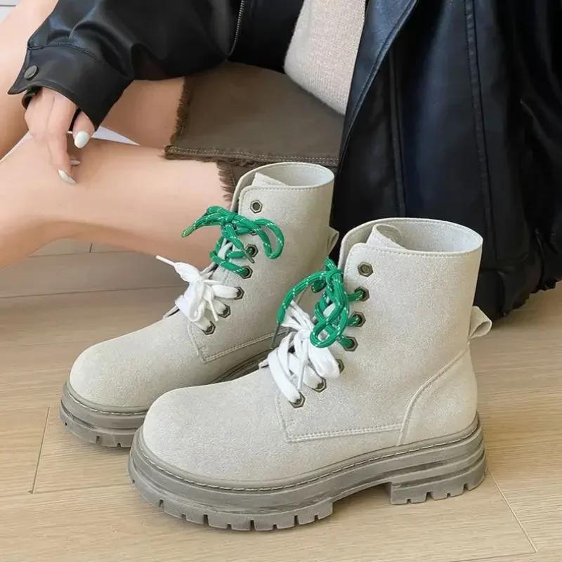 Модная обувь 2024 года брендовая женская обувь на шнуровке спереди женские ботинки модные с круглым носком повседневные ботинки женские горячая распродажа обувь на квадратном каблуке для женщин