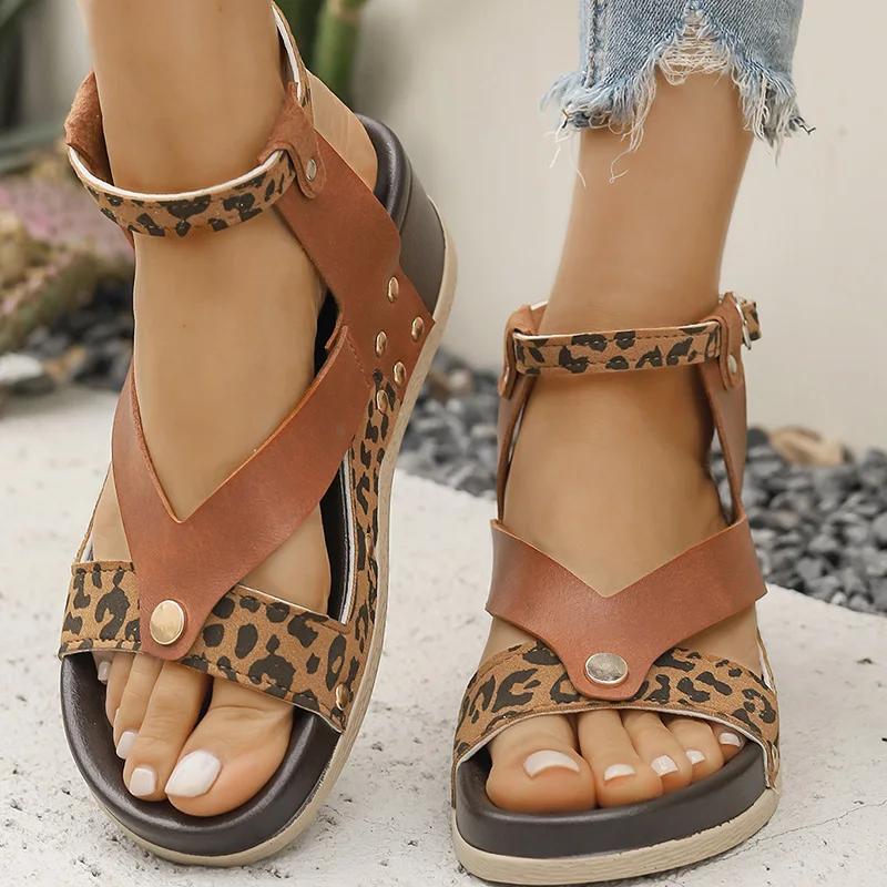 Fashion Summer Leopard Print Wedge Sandals Women Plus Size Ankle Strap High Heel Sandal Female New Slip On Pu Leather Sandalias Mujer
