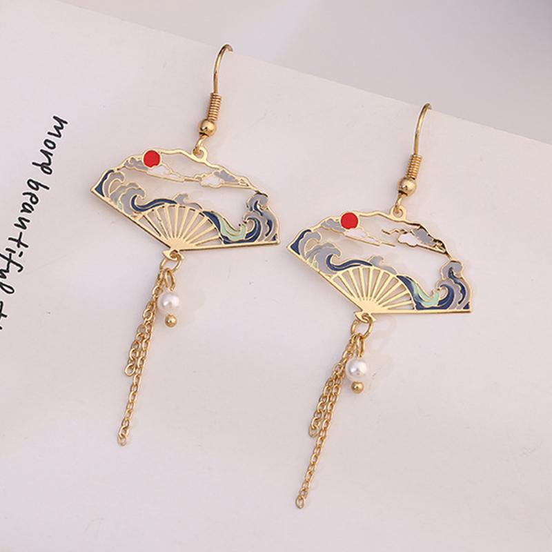 Chinese Style Folding Fan Modeling Crane Cloud Hanging Dangle Earrings for Women Hollow Asymmetric Drop Earring National Zircon