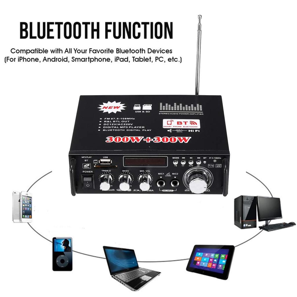 2ch High Output Audio Compact Effective Maximum Output 300W Bluetooth Connection Card Playback Stereo Power Microphone Input 12V 5A Adapter Included