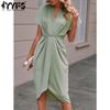 Women's Fashion Summer Spring Solid Color Print Short Sleeve V-Neck High Waist Casual Dresses