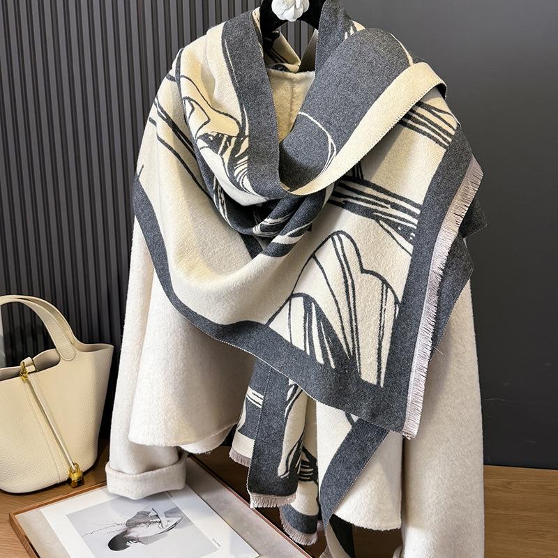 Retro Printing Contrasting Colors Double-sided Imitation Cashmere Scarf Winter High-end Warm Shawl Women