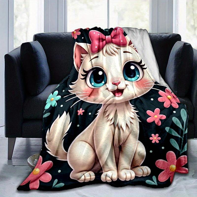 1pc Cute Cartoon Cat with Pink Bowknot Blanket - Seasonal Home Decor, Throw Blanket for Room, for Decorating Your Own Sofa and Living Room,