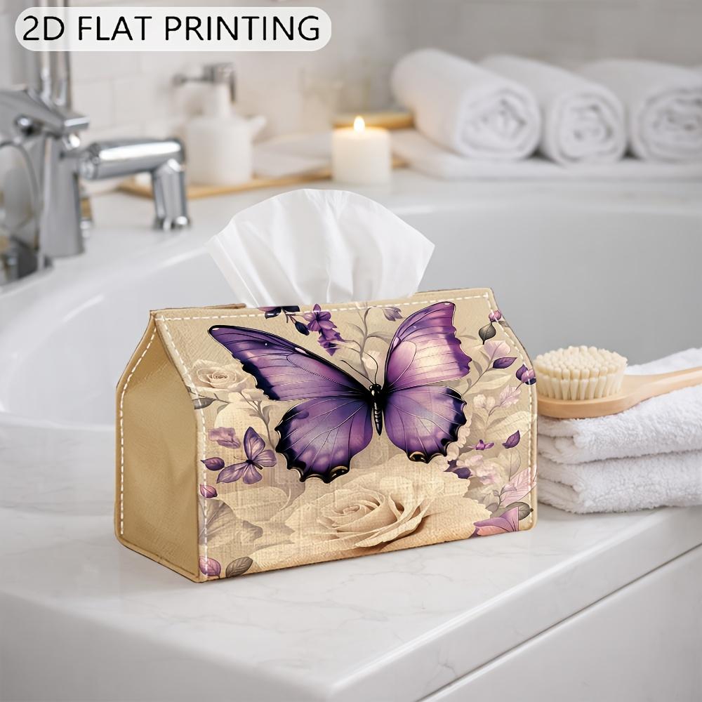 2D Flat, 1 Purple Butterfly and Rose Tissue Box Cover, Elegant Purple Butterfly with White Rose Tissue Box, Romantic Floral Themed Tissue Box Cover, S