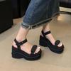 Wear Wedge Heel Beach Shoes Summer 2025 One Word with Open Toe Waterproof Table Denim Small Platform Sandals