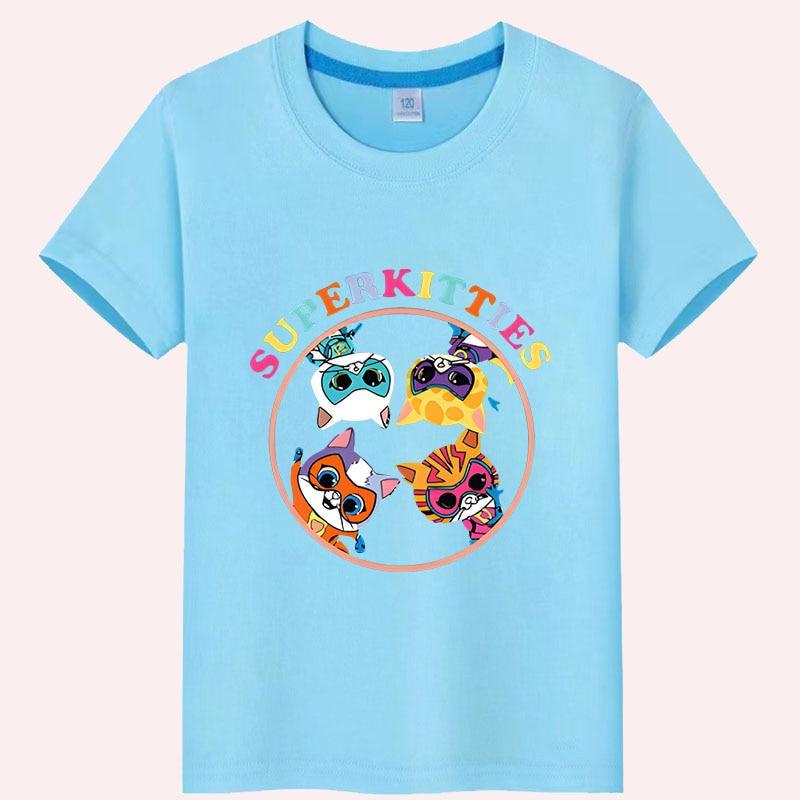 Футболка SuperKitties, короткие топы из 100% хлопка, одежда для мальчиков и девочек y2k, цельная повседневная детская одежда в стиле аниме, летняя детская одежда