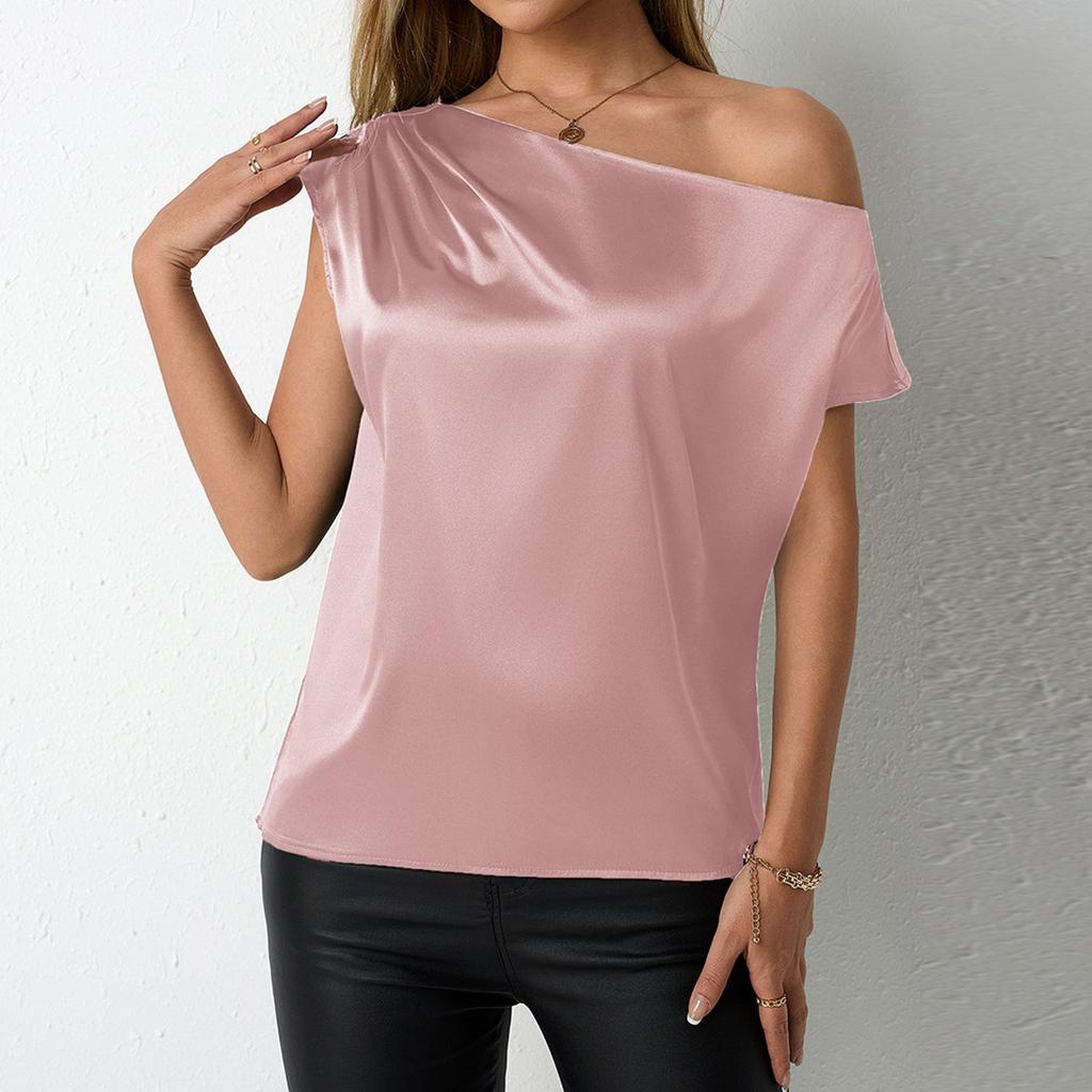 Women's Short Sleeve Shirt Loose Satin Top Embossed Lace V-neck Silk Lined Top