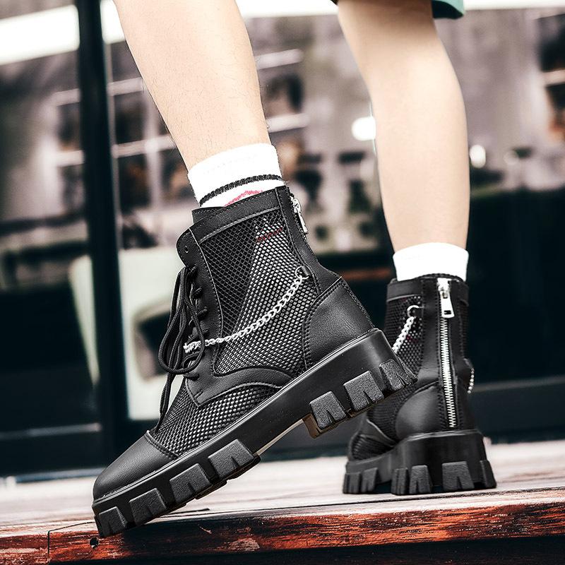 Весенне-осенняя дышащая повседневная обувь для подростков, кожаные высокие сетчатые ботинки, модные мужские кожаные ботинки