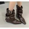 Fashion New Style Vintage Thick Heel Women Western Cowgirl Boots Fashion Belt Buckle Ladies Elegant Slip On Mordern Mid Calf Boots