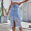 Women High Waist  Package Hip Split Hole-ridden Jean Denim Skirt