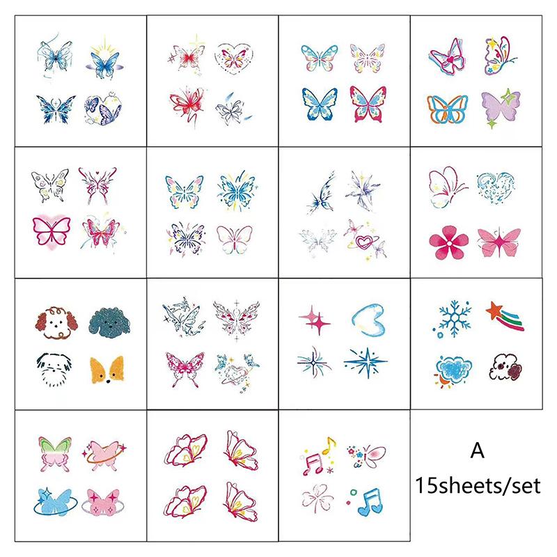 15 листов блестящих водостойких временных татуировок Dreamy Butterfly, долговечные водостойкие реалистичные поддельные татуировки, наклейки на палец