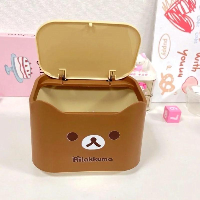 Настольное мусорное ведро Rilakkuma С нажатием для открытия Не требует сборки Милый мультяшный аниме Пластиковый контейнер для хранения для рабочего стола Прикроватной тумбочки Автомобиля