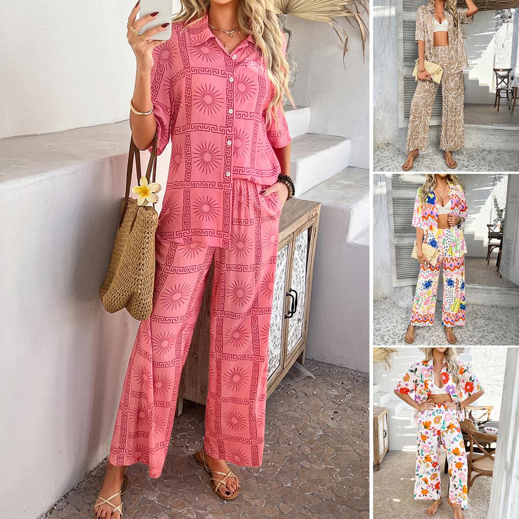 Spring/Summer Casual Holiday Style Geometric Clashing Cardigan Short Sleeve Wide Leg Pants Set