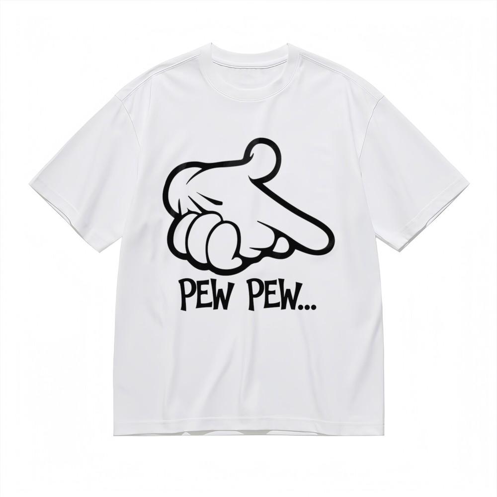 Men's T-shirt Cartoon Hand with PEW PEW Graphic White 100% Cotton Tops Summer