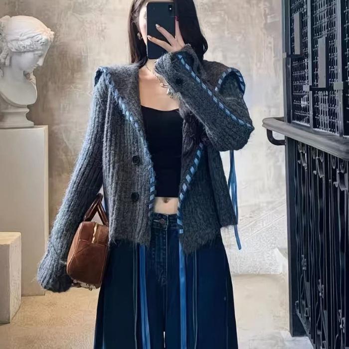 Women's Large Lapel Short Cardigan Jacket - 2026 Autumn/Winter Knit Drawstring Long-Sleeve Button-Up Sweater
