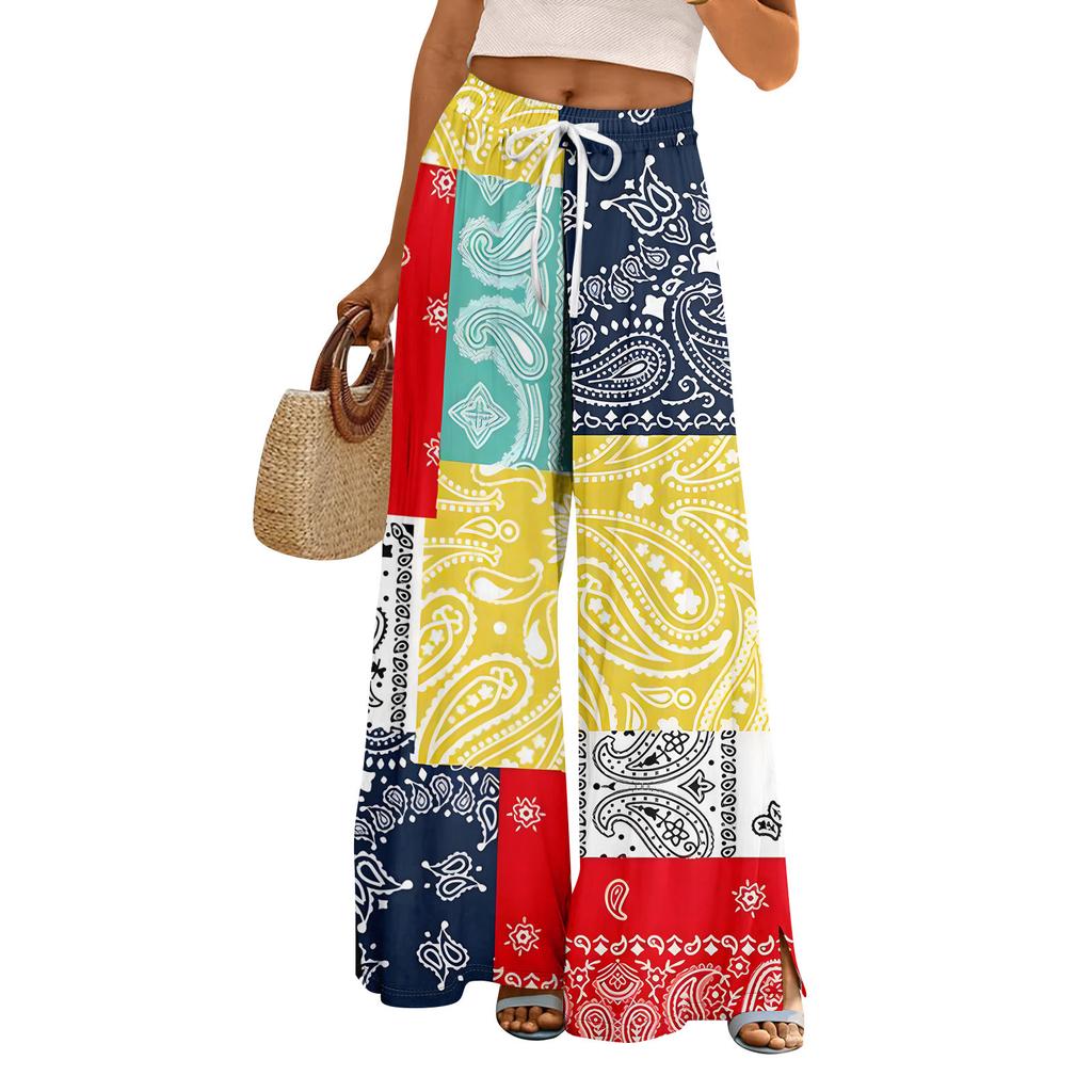 Women Summer Boho Palazzo Pants High Waist Wide Leg Rinting Casual Trousers With Pockets