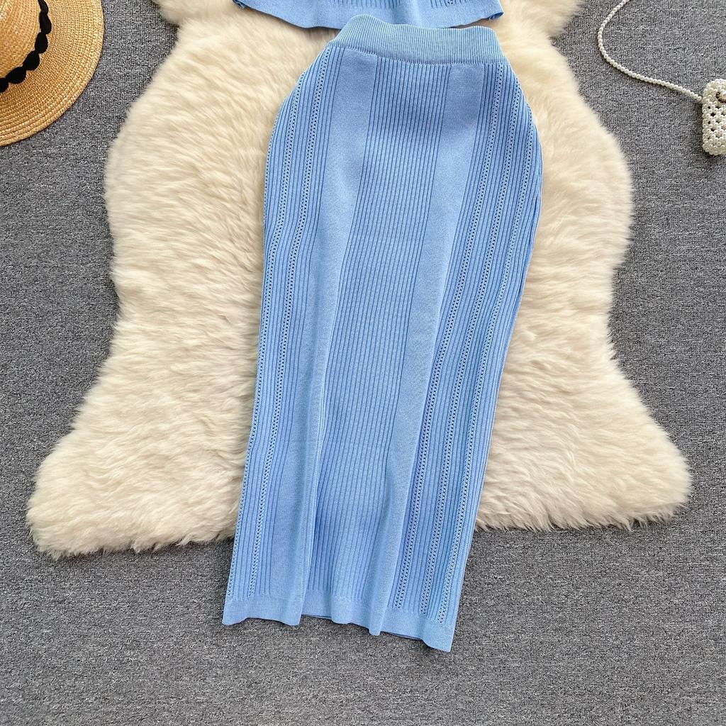 Summer Women Gold Button Knitted Sweater Outfits Short Sleeve Pullover Top and Midi Bodycon Skirt Two Piece Set