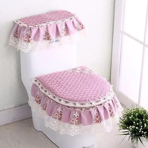 Декор из кружевной ткани с принтом Коврик для унитаза из трех частей Большая юбка Подол Чехол на сиденье для унитаза с молнией Пылезащитный чехол для унитаза