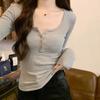 U-neck Right Shoulder Short Long-sleeved T-shirt for Women In Autumn New Gray Simple and Versatile Pure Lust Hot Girl Style Bottoming Shirt Top