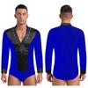 Men's Figure Skating Bodysuit - Glitter Rhinestones V Neck Long Sleeve Satin Patchwork Leotard