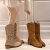Модные полые вышитые винтажные западные сапоги женские 2025 осень массивный каблук до колена ковбойские сапоги женские из искусственной кожи рыцарские ботильоны