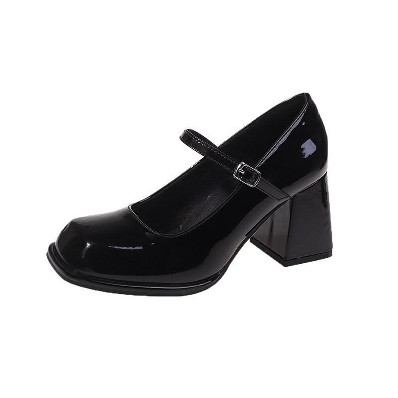 French High Heels Women's Retro Black College Style One-word Buckle Square Head Thick Heel Small Leather Shoes Mary Jane Single Shoes
