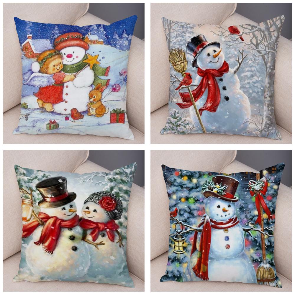 Cute Cartoon Snowman Cushion Cover Christmas Decoration Soft Plush Pillowcase Living Room Sofa Ornaments Bedroom Home