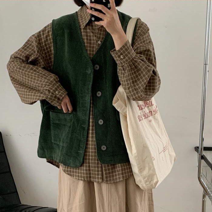 Women's Retro Japanese Corduroy Workwear Vest with Pockets