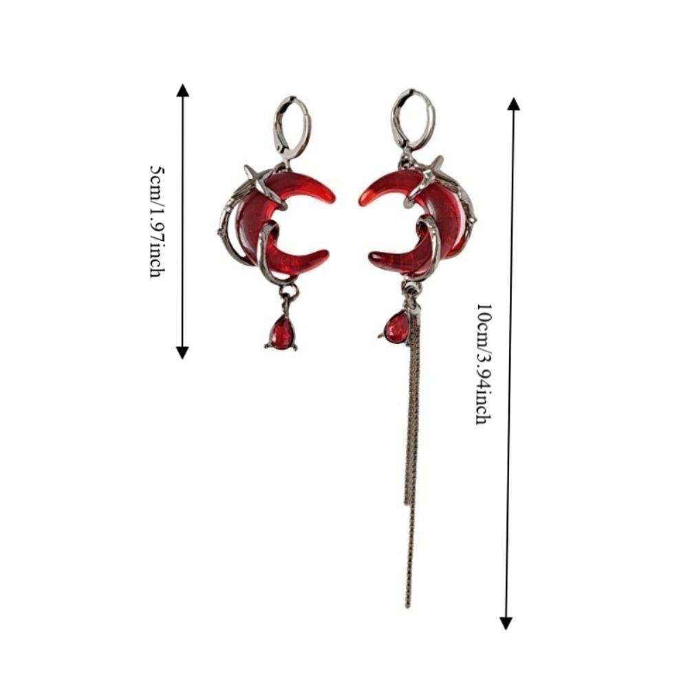 Tassel Chain Rhinestone Moon Earrings Gothic Style Women Dangle Earrings  Hip-Pop Style